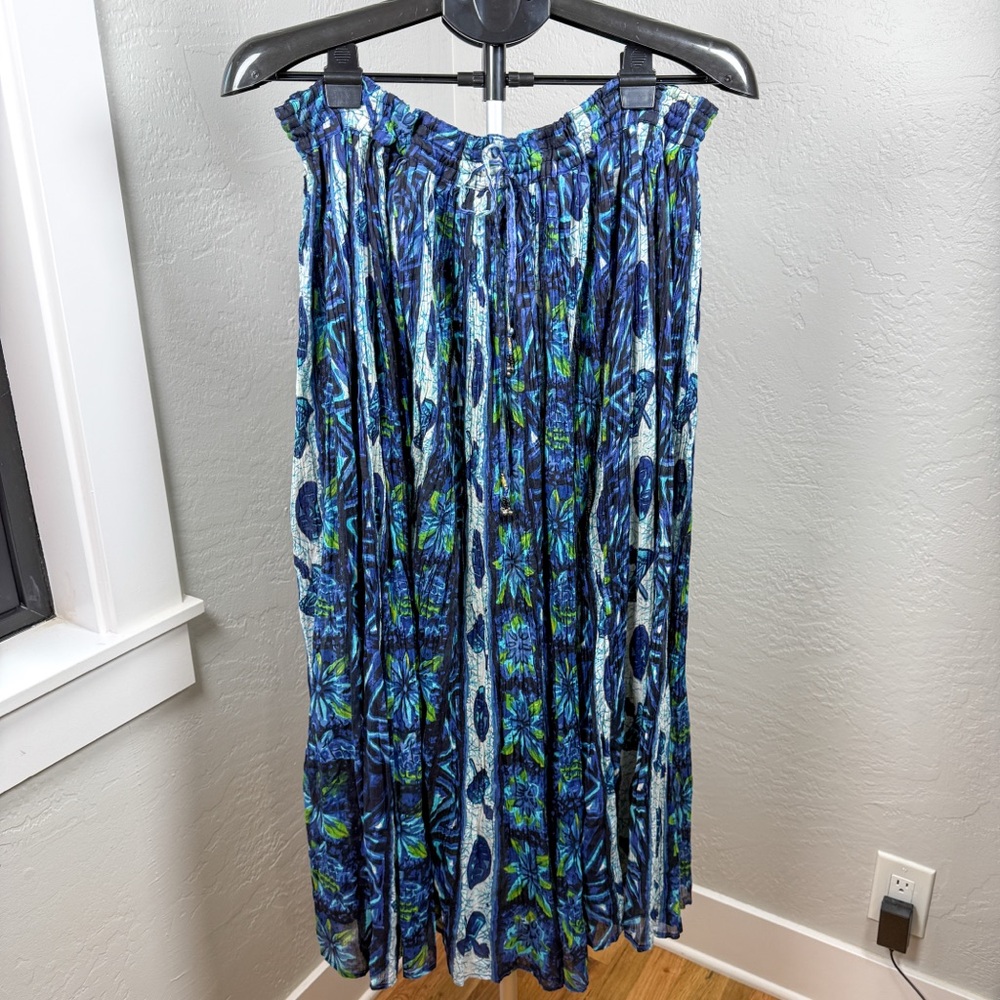 Emiuex Blue Green Crinkle Maxi Skirt Elastic Waist 100% Cotton One Size